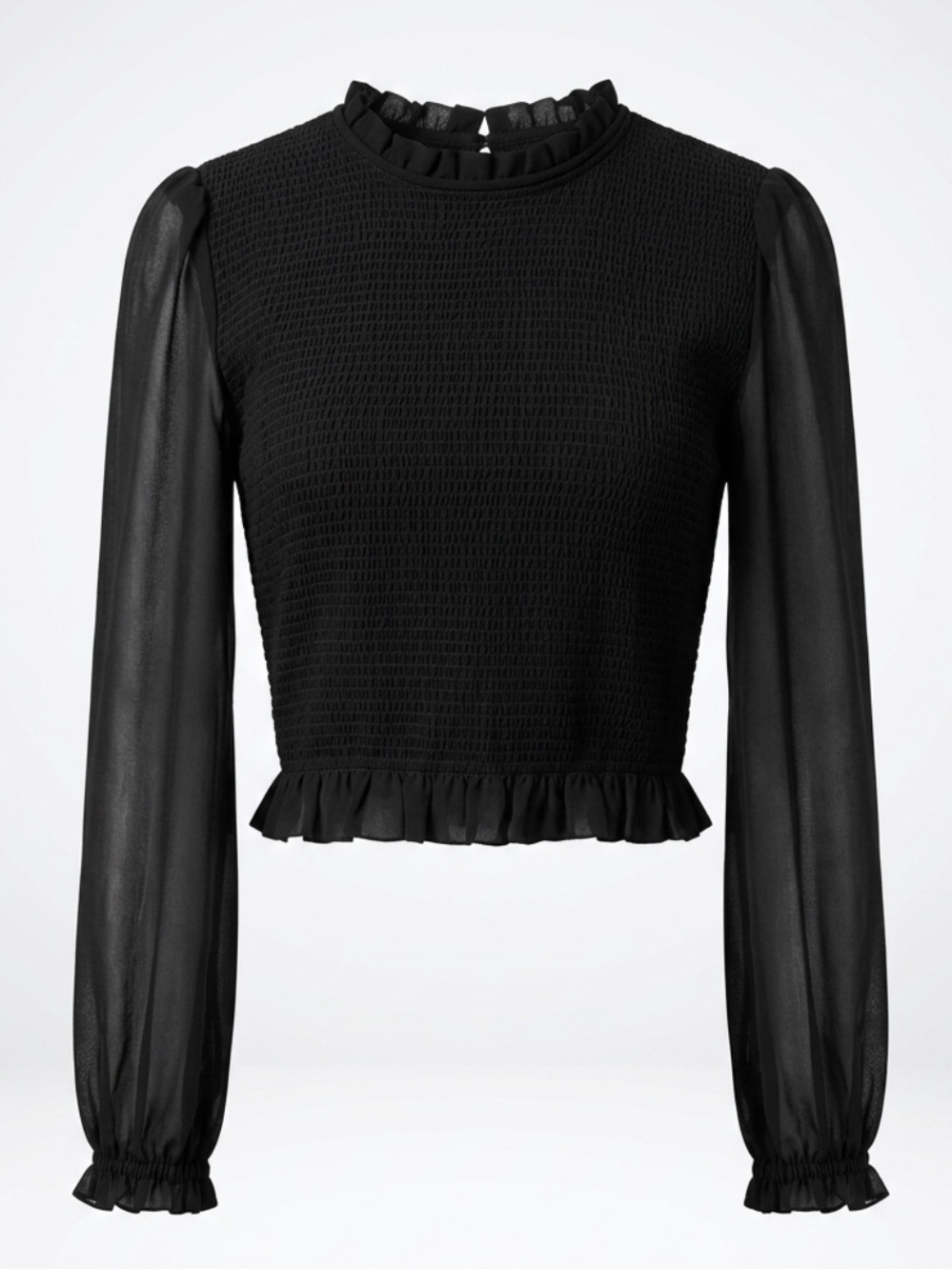 Wilfred Smocked Ruffle Hem Sheer-Sleeve Blouse, Black, XS, EUC